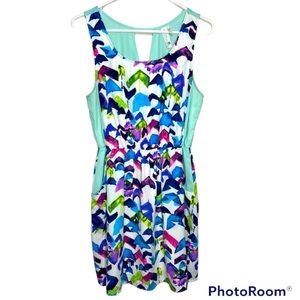 Pink Owl patterned dress blue green purple split back elastic waist
